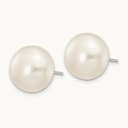 12- White Button FW Cultured Pearl Stud Post Earrings, 13mm, 14K White Gold
