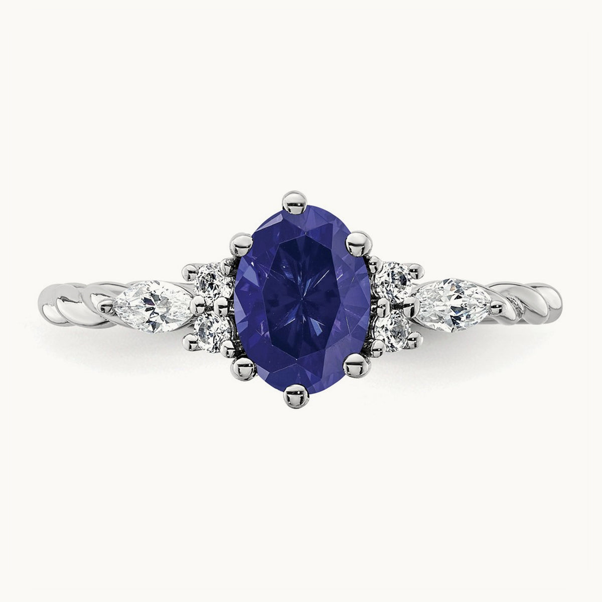 Polished Diamond and Lab Created Sapphire Twisted Ring — 14K White Gold