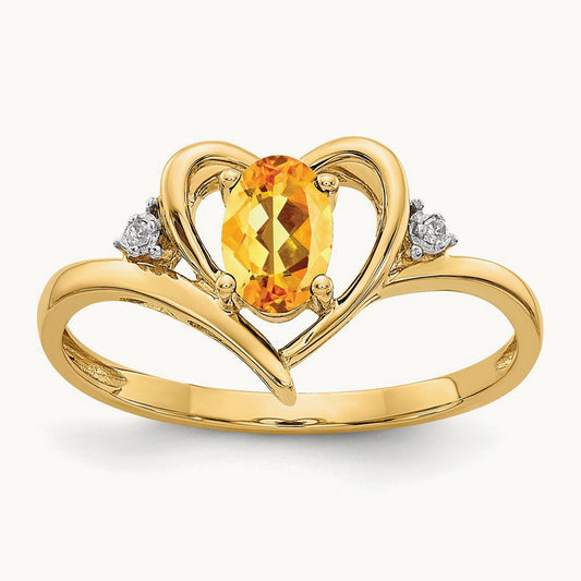 Citrine and Diamond Heart Ring — 14K Yellow Gold, 7