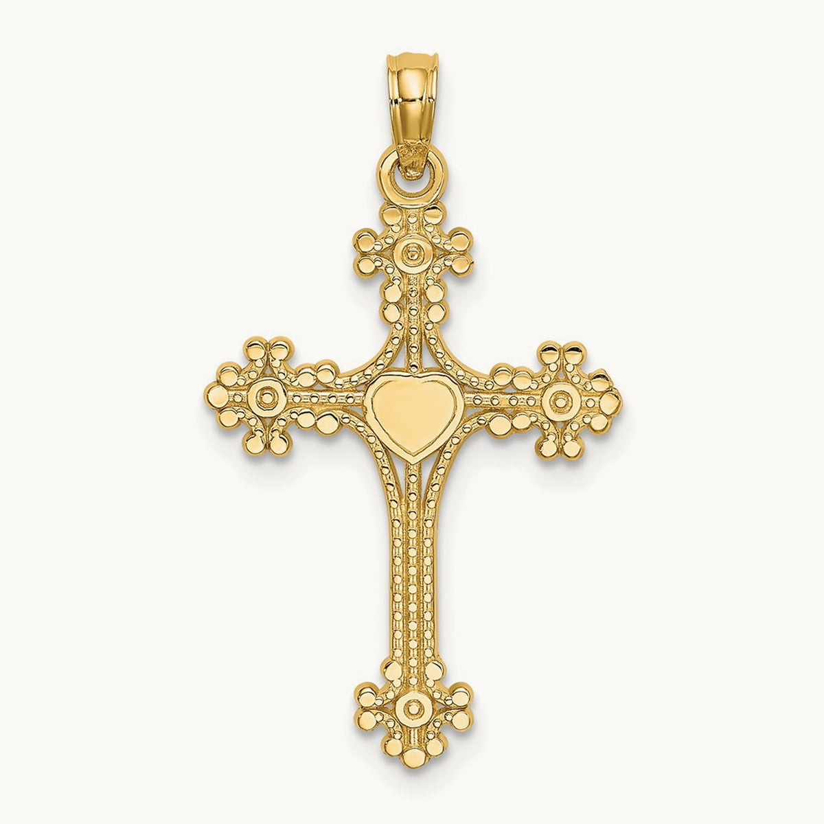 Beaded Tip Cross w/ Heart Center Charm, 14K