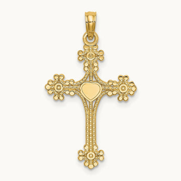 Beaded Tip Cross w/ Heart Center Charm, 14K