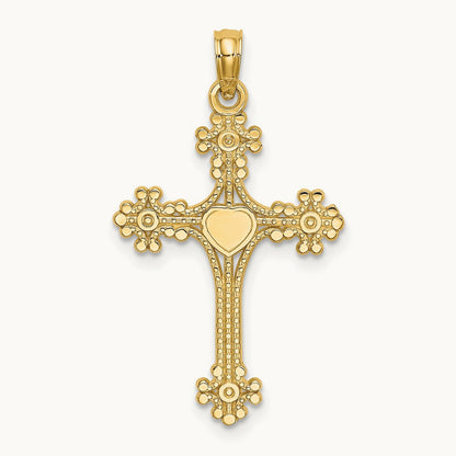 Beaded Tip Cross w/ Heart Center Charm, 14K
