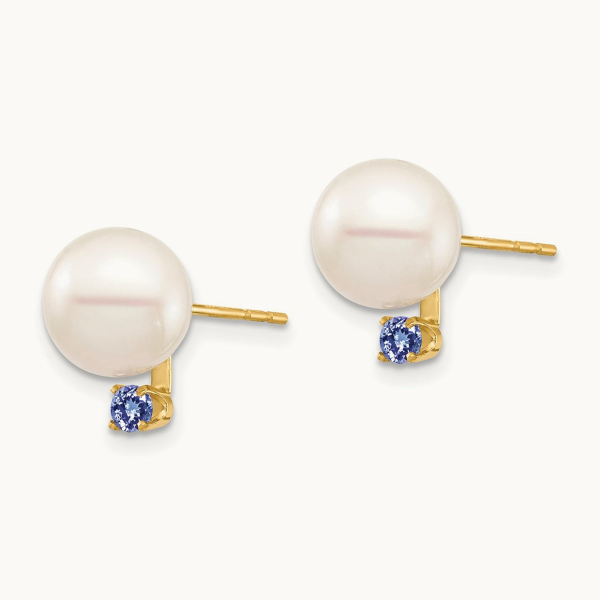 8- White Round Freshwater Cultured Pearl Tanzanite Post Earrings, 8.5mm, 14K