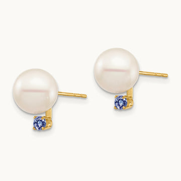 8- White Round Freshwater Cultured Pearl Tanzanite Post Earrings, 8.5mm, 14K
