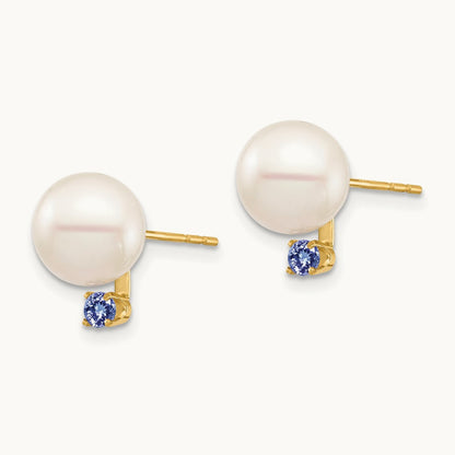 8- White Round Freshwater Cultured Pearl Tanzanite Post Earrings, 8.5mm, 14K