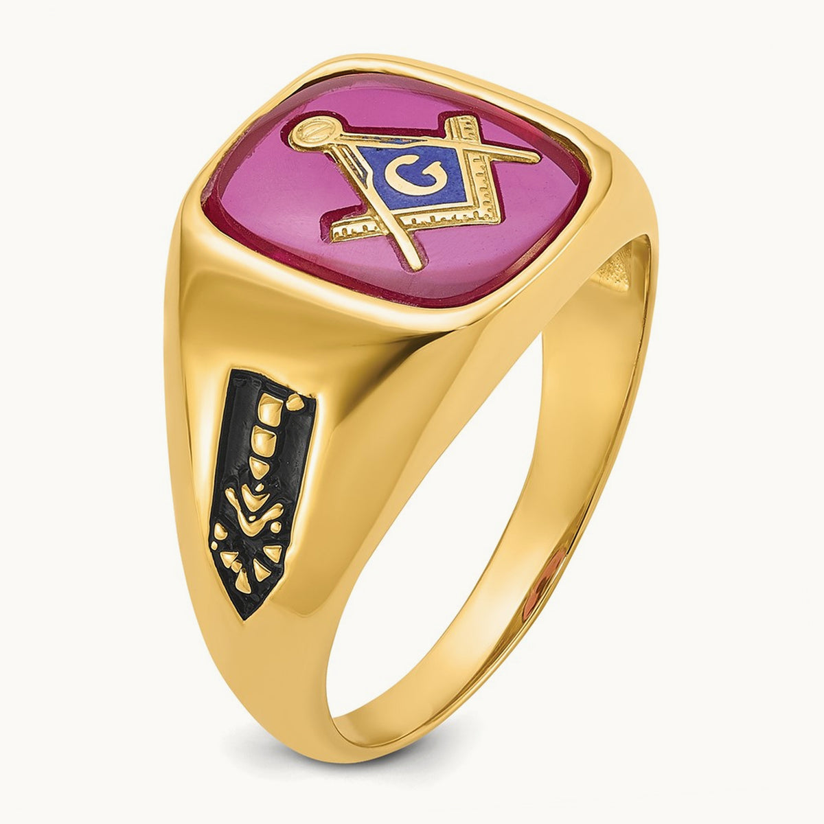 Men's Textured w/ Black Enamel & Lab Cr. Ruby Masonic Ring, 14K