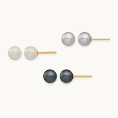 6- White/Grey/Black Round FWC Pearl 3 pair Stud Post Earrings Set, 6.5mm, 14K