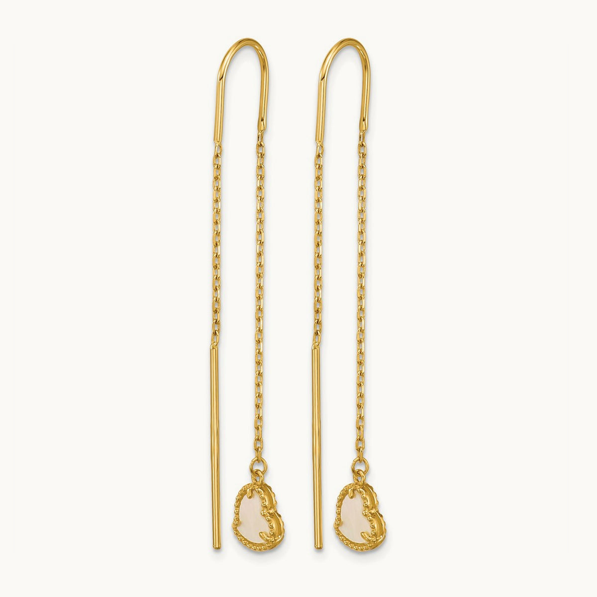 Polished Mother of Pearl Heart Cable Chain Threader Earrings, 14K