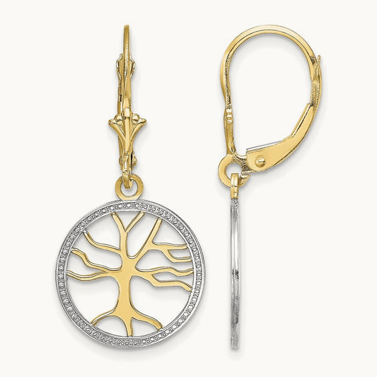 Tree of Life w/ RH Round Frame Leverback Earrings, 14K