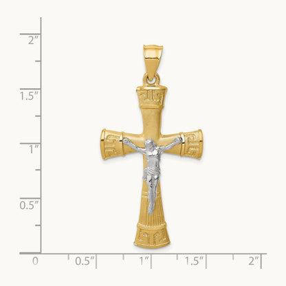 Brushed & Polished Greek Key Crucifix Pendant, 14K Two-tone