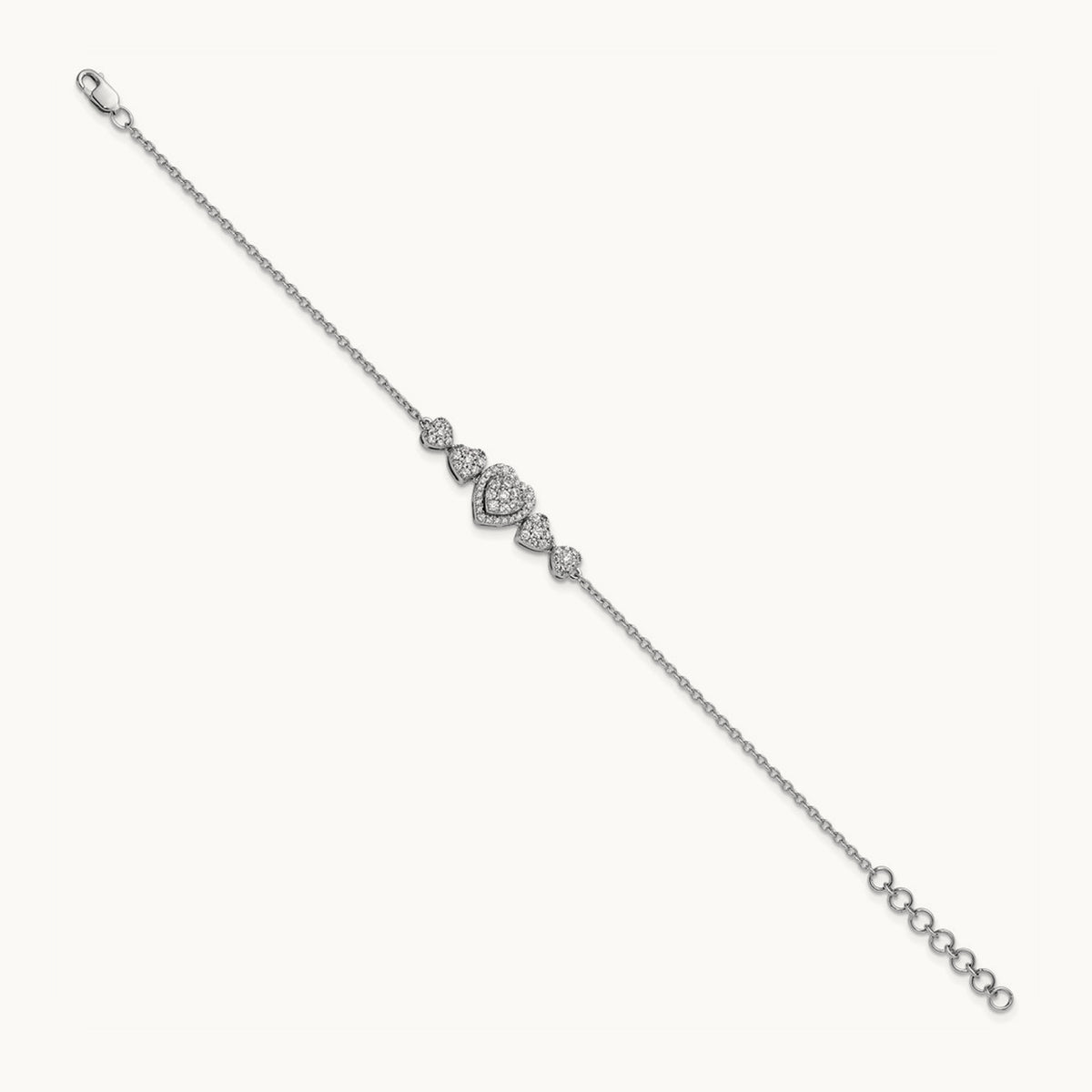 Polished Diamond Hearts with 1in ext. Bracelet, 14K White Gold