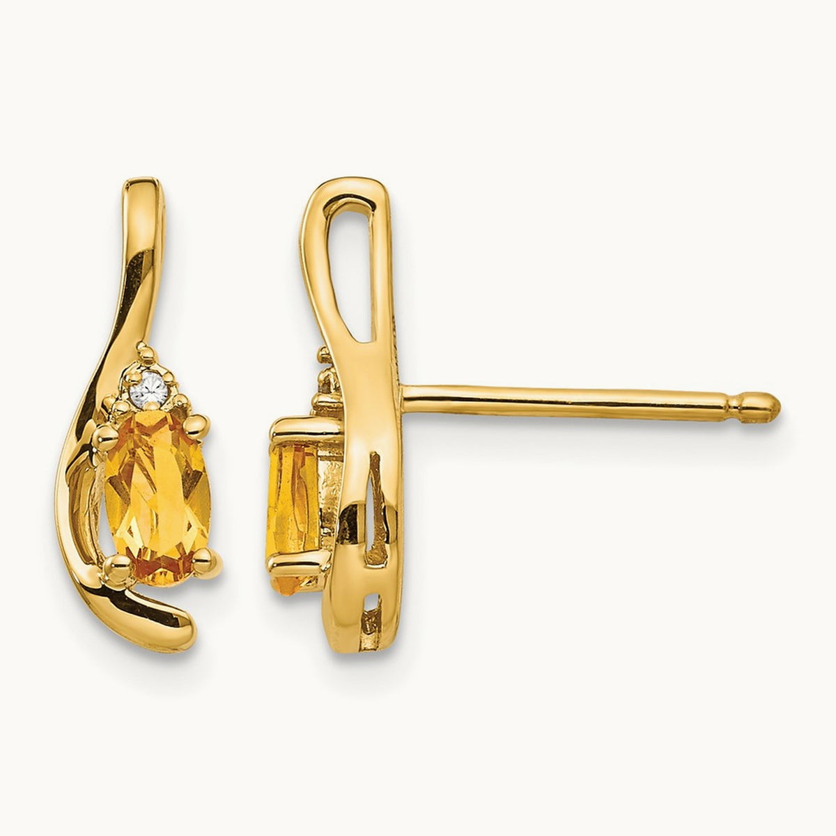 Citrine and Diamond Post Earrings — 14K Yellow Gold