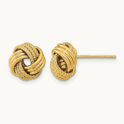Polished Textured Love Knot Post Earrings — 14K Yellow Gold, 10mm