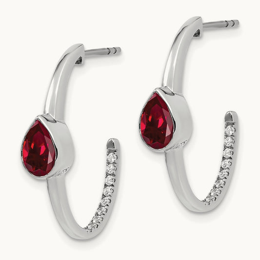 Pear Created Ruby and Diamond J-Hoop Earrings, 14K White Gold