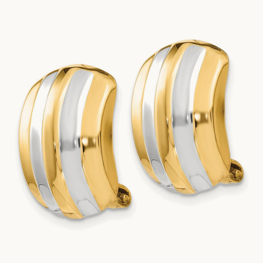 & Rhodium Ribbed Non-pierced Omega Back Earrings, 14K