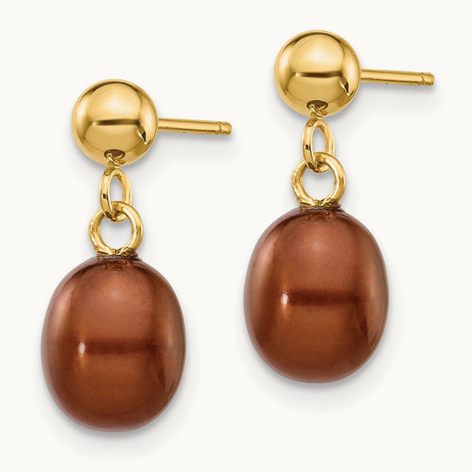 6- Brown Rice Freshwater Cultured Pearl Post Dangle Earrings, 7mm, 14K