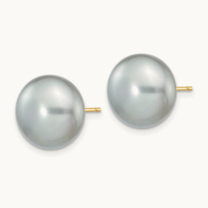 11- Grey Button FW Cultured Pearl Stud Post Earrings, 12mm, 14K