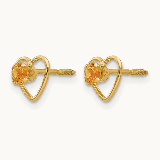 Madi K Genuine Citrine Birthstone Heart Earrings, 3mm, 14K