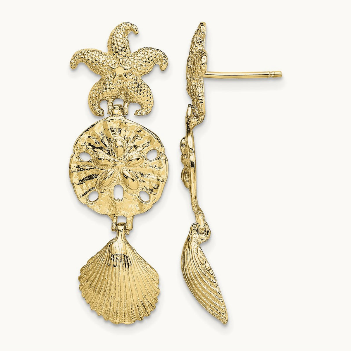 D/C Starfish, Shell ,Sand Dollar Dangle Earrings, 14K