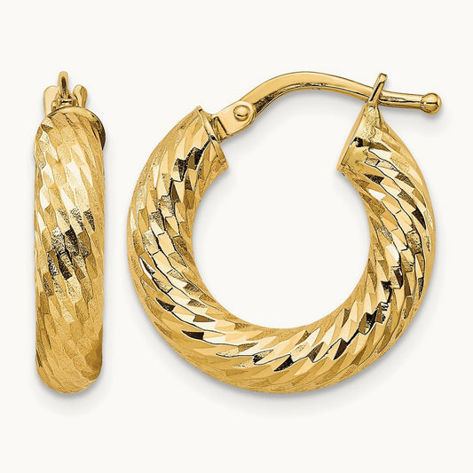 Diamond-cut Round Hoop Earrings — 14K Yellow Gold, 4x18mm