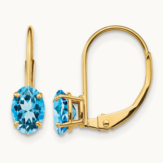 Oval Blue Topaz Leverback Earrings — 16mm, 6x4mm