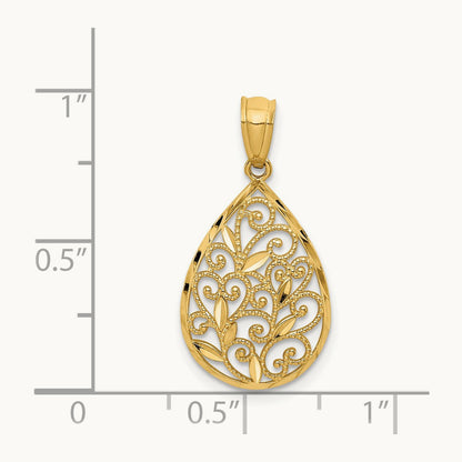 Polished and Textured Small Filigree Teardrop Pendant, 14K Gold