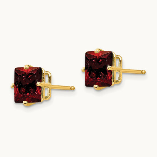 Princess Cut Garnet Earrings, 7mm, 14K