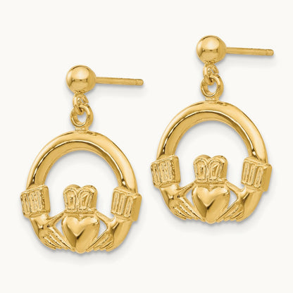 Dangling Claddagh Post Earrings, 14K