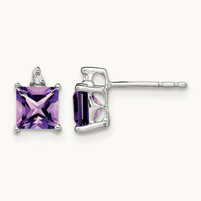 Princess Amethyst and Diamond Earrings, 14K White Gold