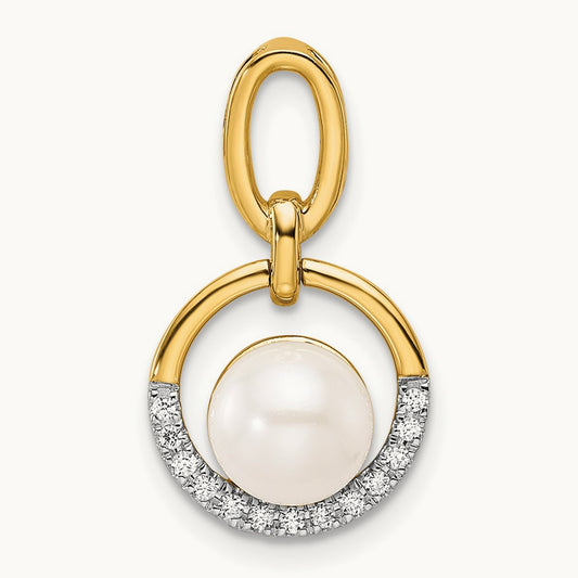 Polished Diamond and Pearl Open Circle Pendant, 14K