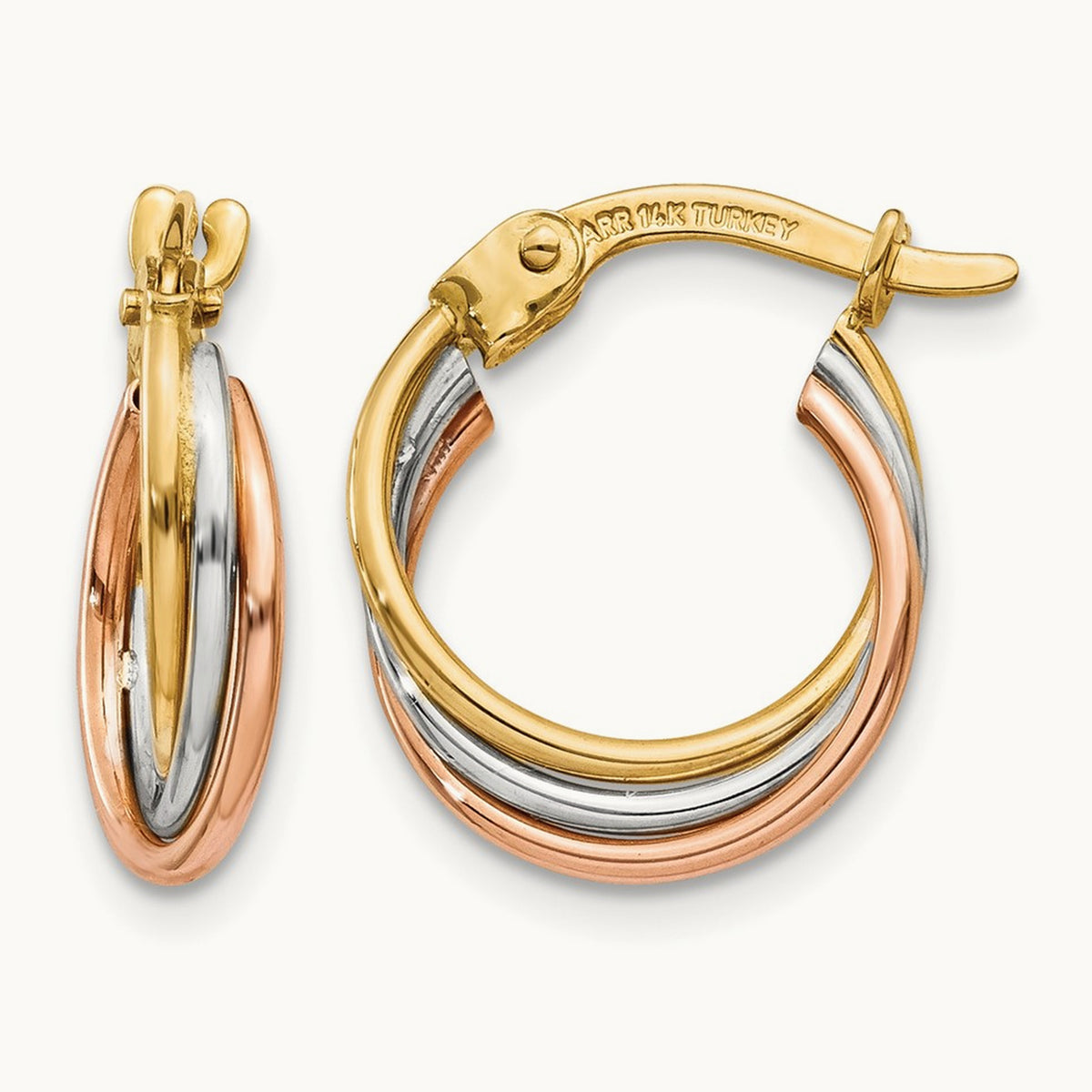 Tri-color Twisted Hoop Earrings, 14K