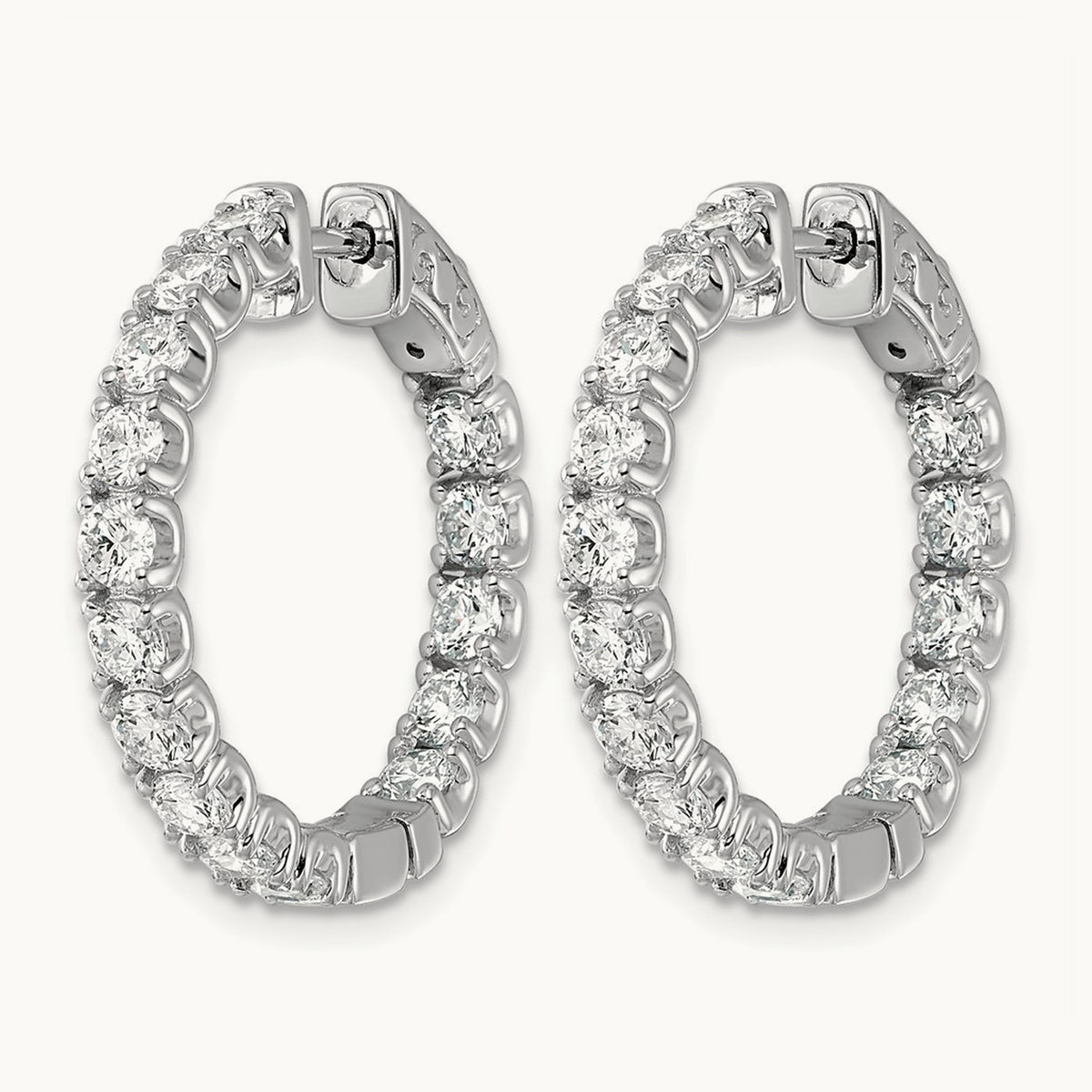 Diamond Round Hoop w/Safety Clasp Earrings, 14K White Gold