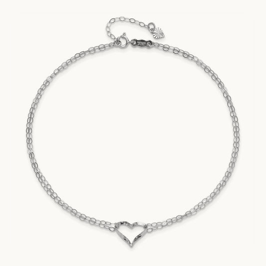 Double Strand Heart 9in Plus 1in ext. Anklet, 14K White Gold