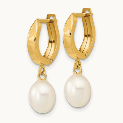 6- Rice White FWC Pearl Hoop Dangle Earrings, 7mm, 14K