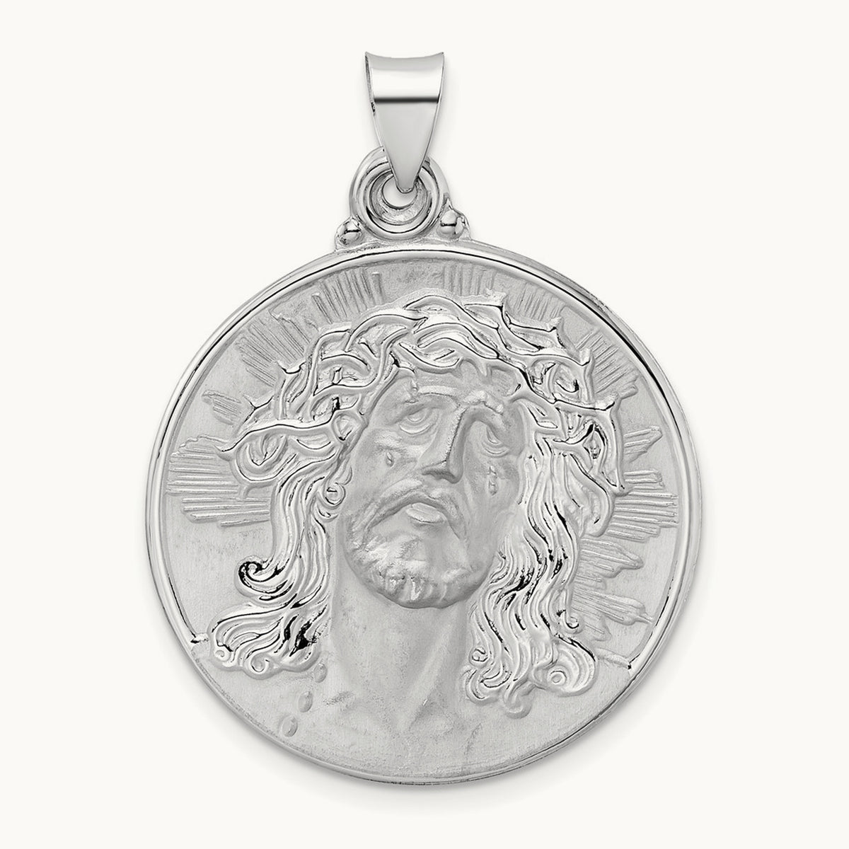 Polished and Satin Hollow Jesus Face Disc Pendant — 30mm
