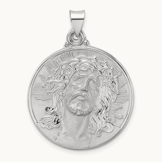 Polished and Satin Hollow Jesus Face Disc Pendant — 30mm