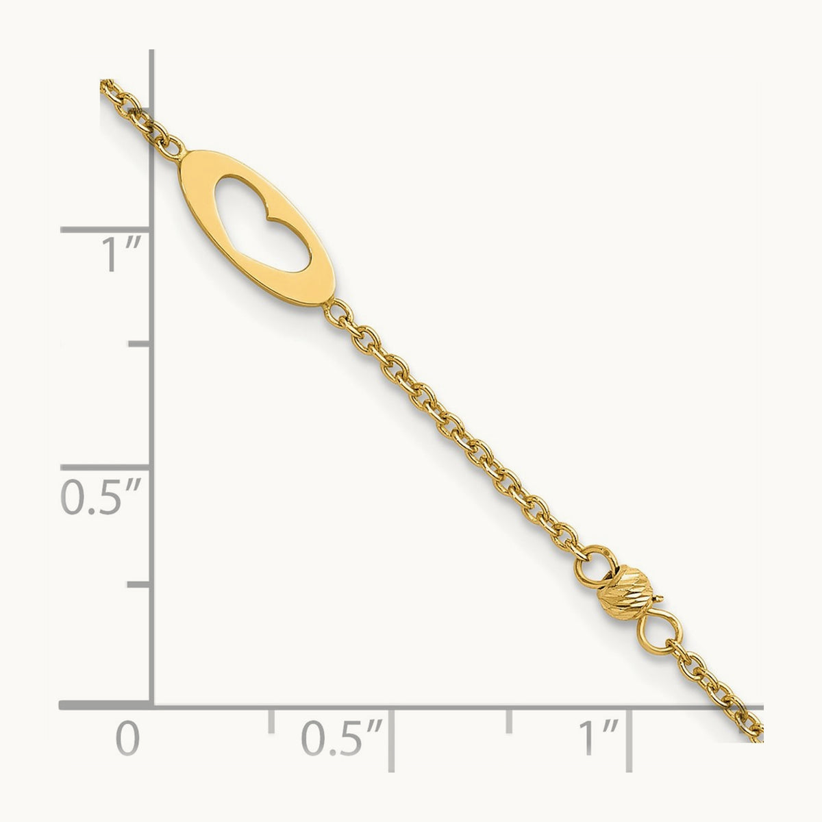 Polished Link Hearts and D/C Beads 7.5in Bracelet, 14K