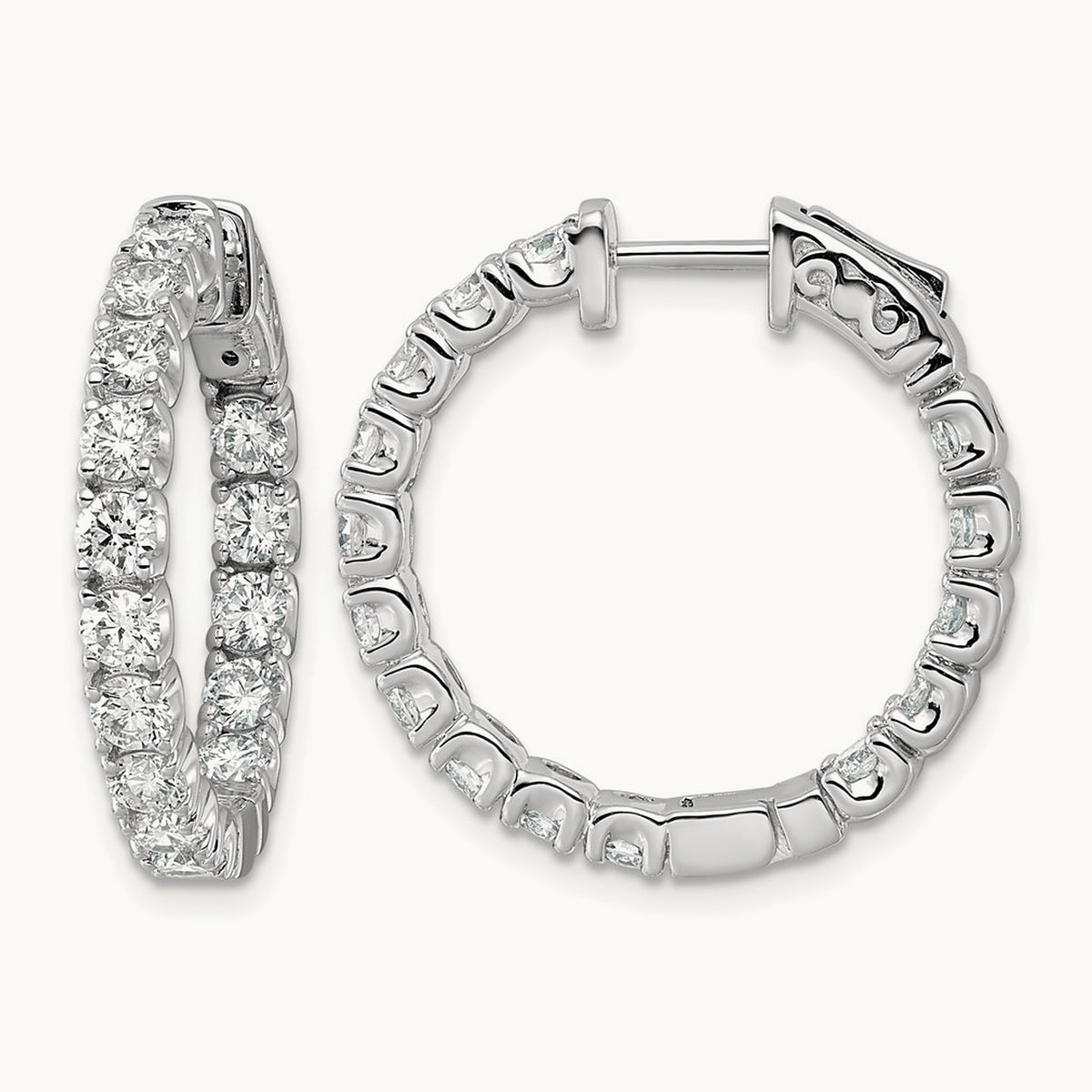 Diamond Round Hoop w/Safety Clasp Earrings, 14K White Gold