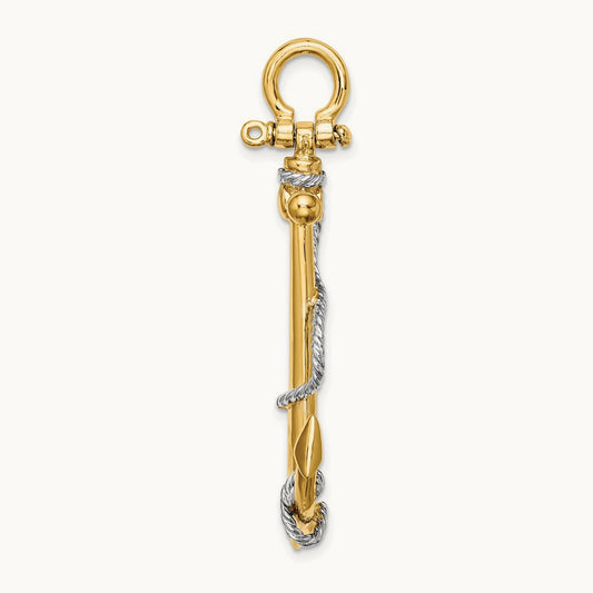 w/Rhodium 3-D Large Anchor w/Rope and Shackle Bail Charm, 14K