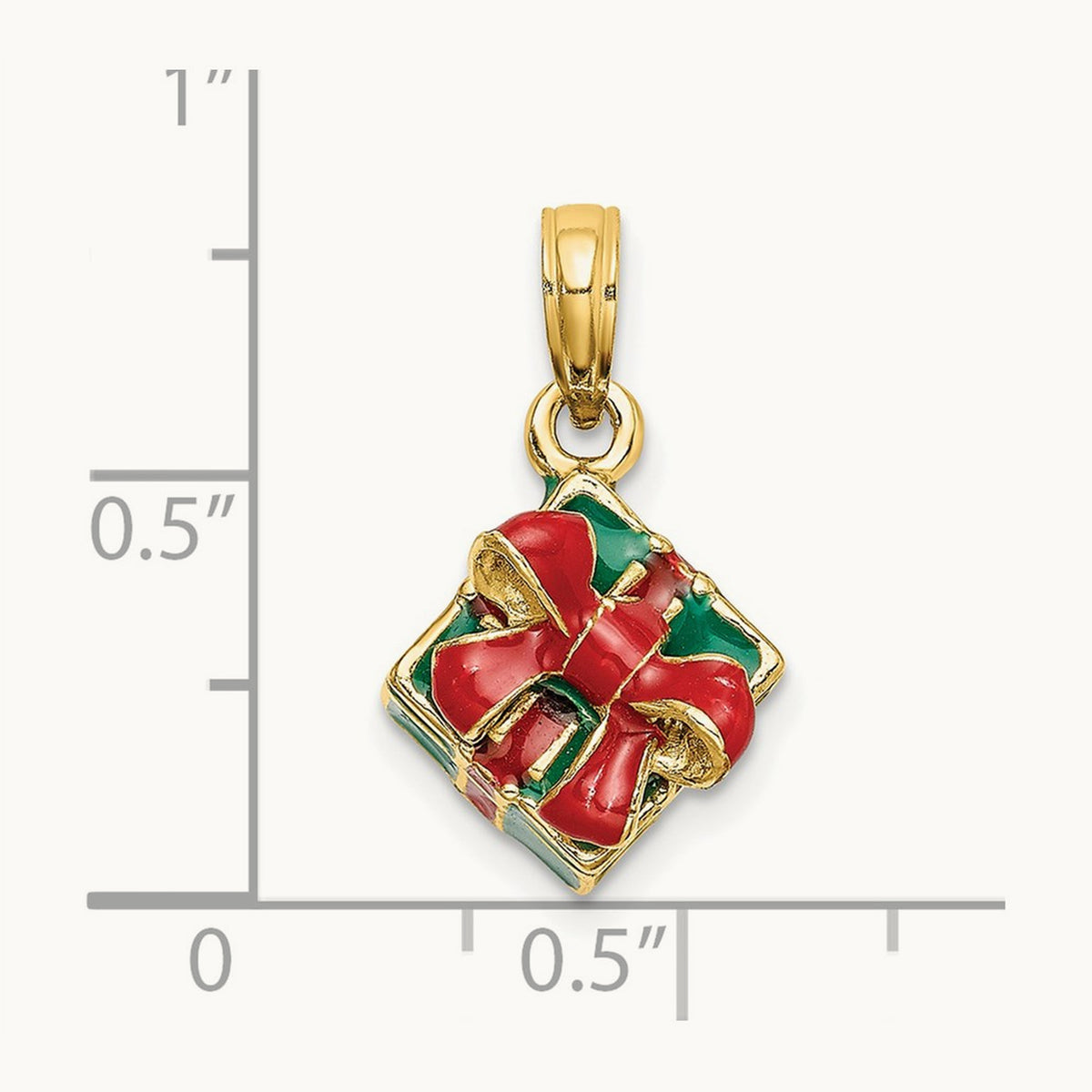 3-D w/Enamel Green Gift Box w/Red Bow Charm, 14K