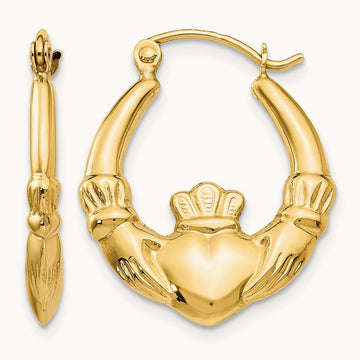 Polished Claddagh Hoop Earrings, 14K