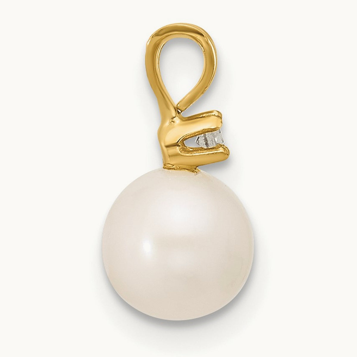 6- Round White Freshwater Cultured Pearl Diamond Pendant, 7mm, 14K