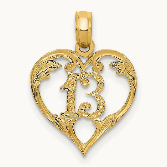 13 in Heart Cut-out Pendant — 14K Yellow Gold