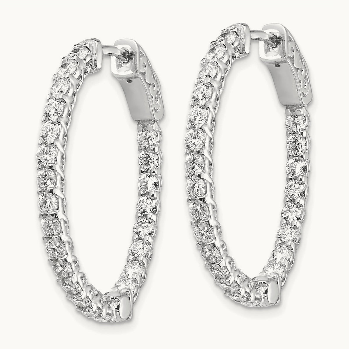 Diamond Oval Hoop w/Safety Clasp Earrings, 14K White Gold