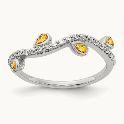 Diamond and Pear Citrine Curved Ring, 14K White Gold