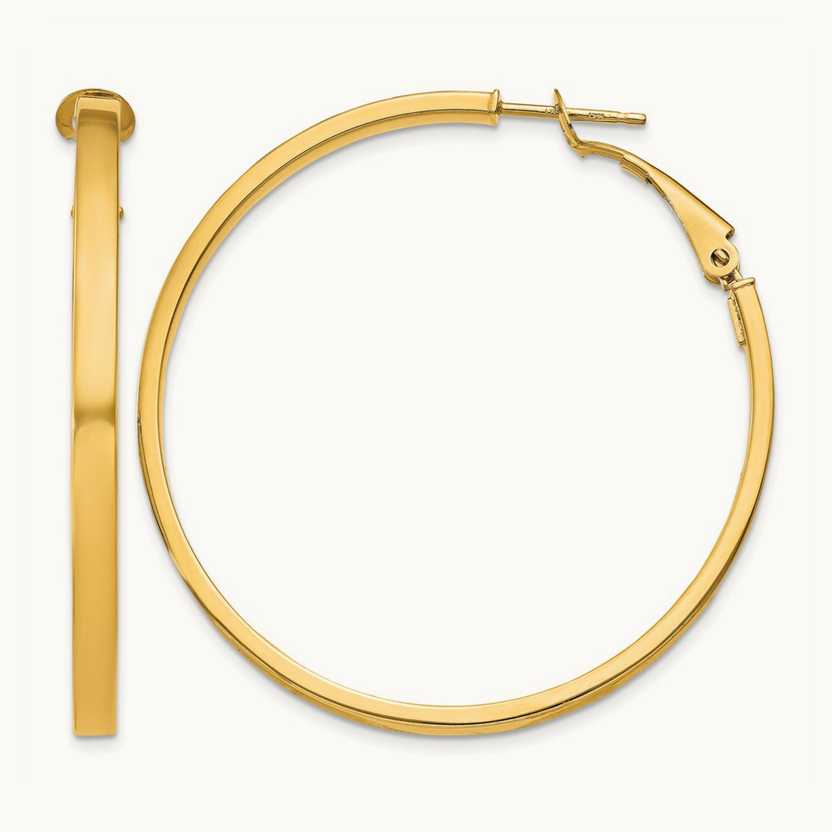 Polished Square Tube Round Hoop Earrings — 14K Yellow Gold, 3x45mm