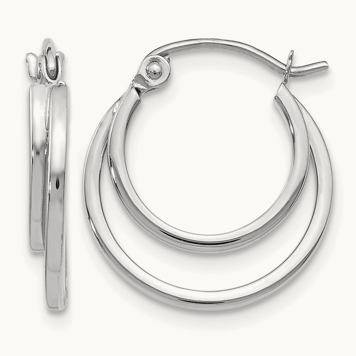 Polished 2 Row Stacked Round Hoop Earrings — 14K White Gold