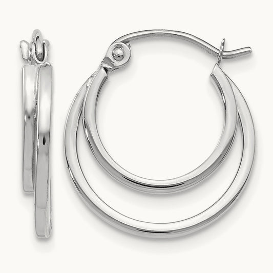 Polished 2 Row Stacked Round Hoop Earrings — 14K White Gold