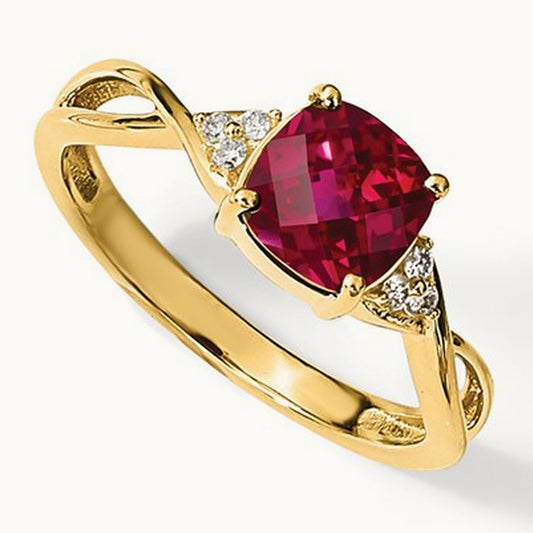 Checkerboard Created Ruby and Lab-Grown Diamond Ring — 14K Yellow Gold, 7