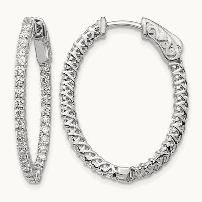 Diamond Oval Hoop w/Safety Clasp Earrings, 14K White Gold